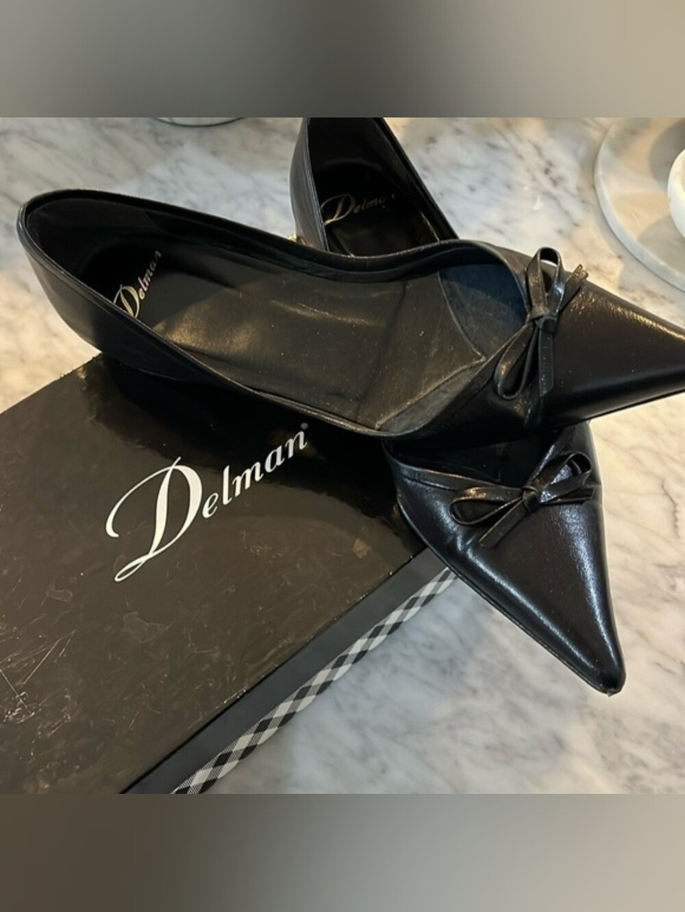 Delman Black Pointed Toe Bow Flats